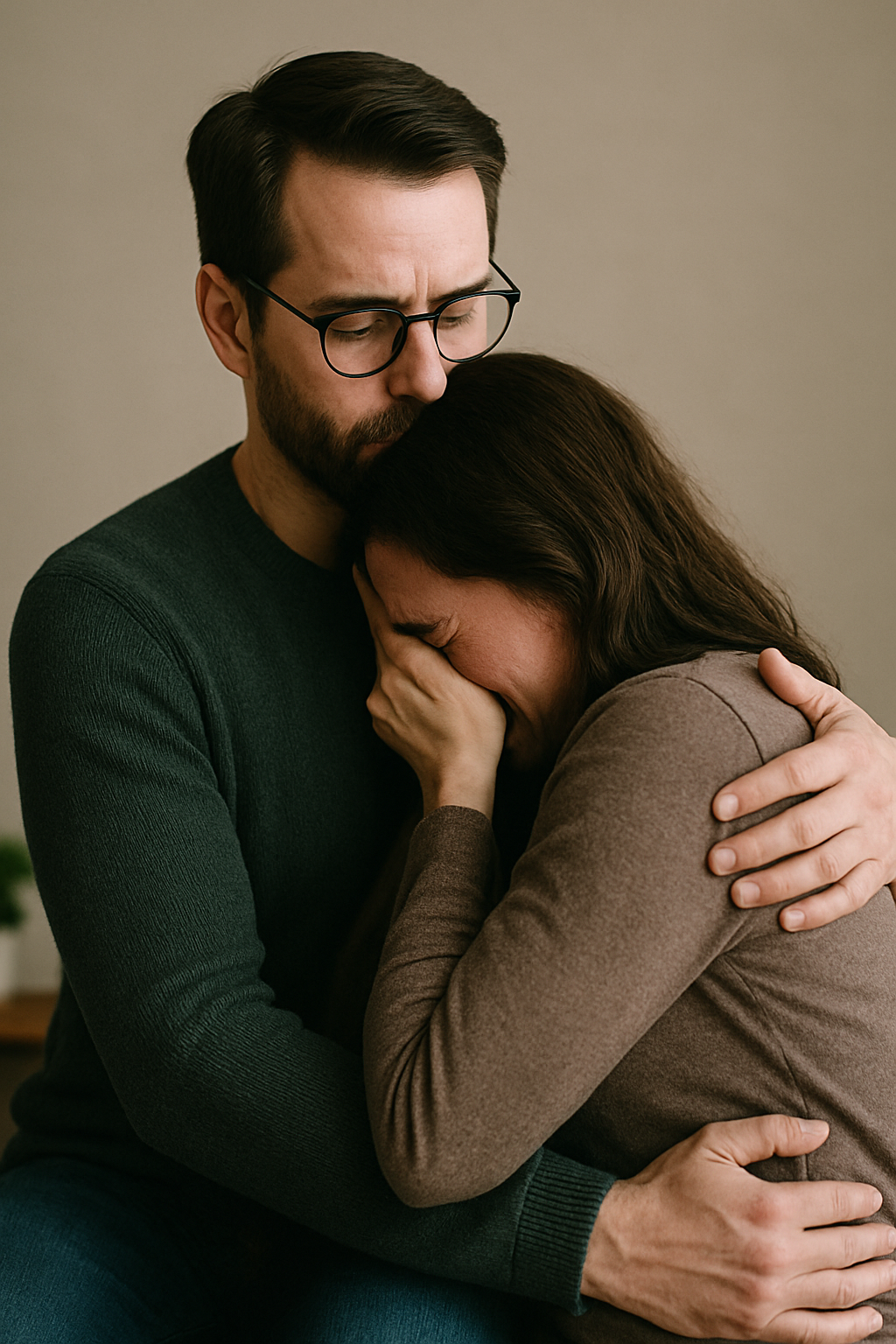 A distraught woman buries her face in her husband’s chest, crying as he wraps his arms around her in a protective embrace, showing tenderness and support.