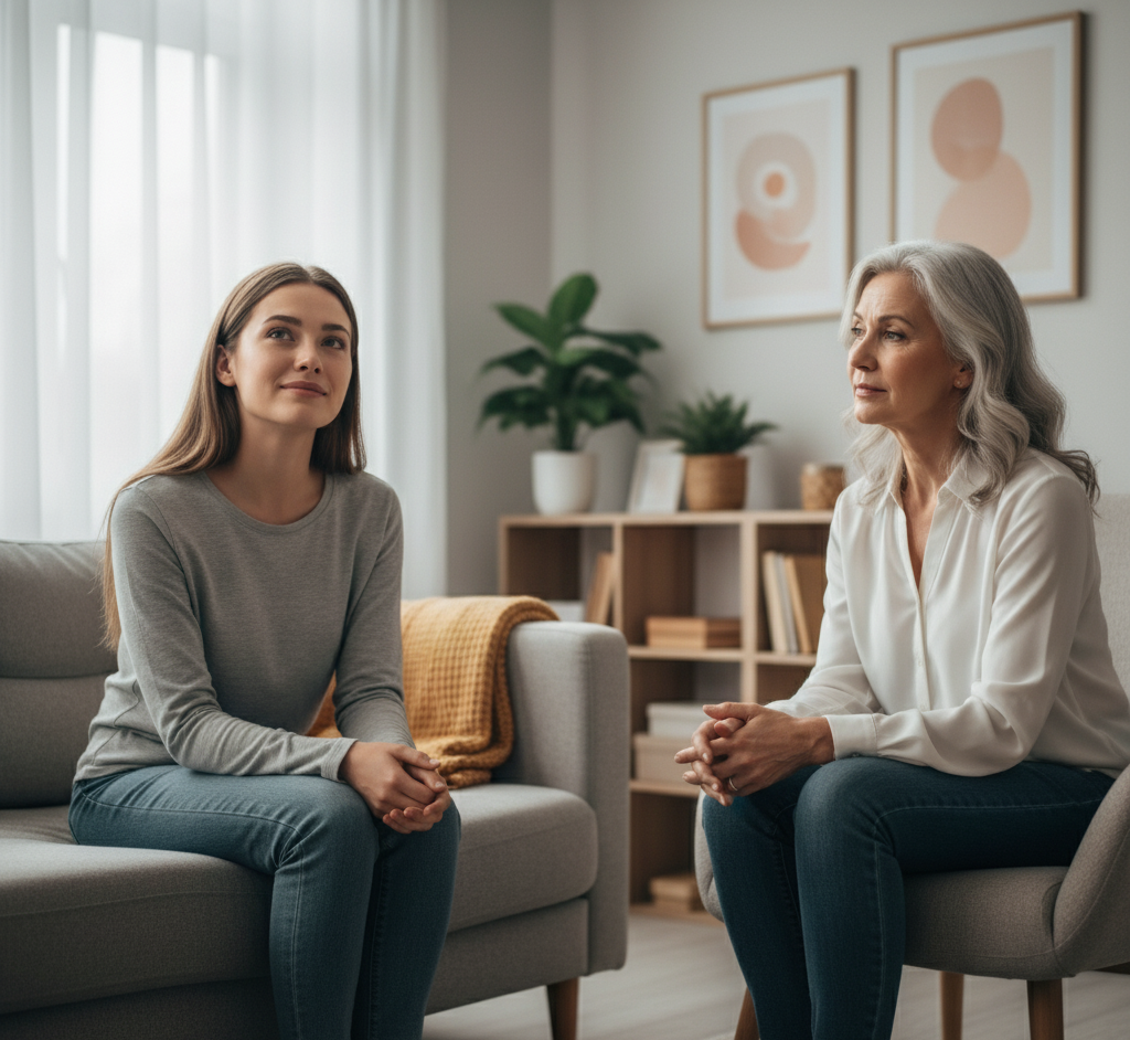 A tearful woman sits in a counselling room, her expression showing both grief and the beginning of peace, while a counsellor’s supportive hand rests gently on her shoulder.