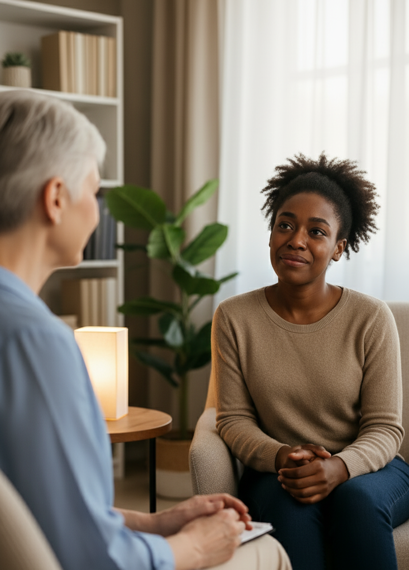 A tearful Black woman sits holding a tissue, her expression showing deep emotion mixed with relief, while the back of a female counsellor’s head and shoulder are visible in the foreground, with the counsellor’s hand gently resting on her arm in support.